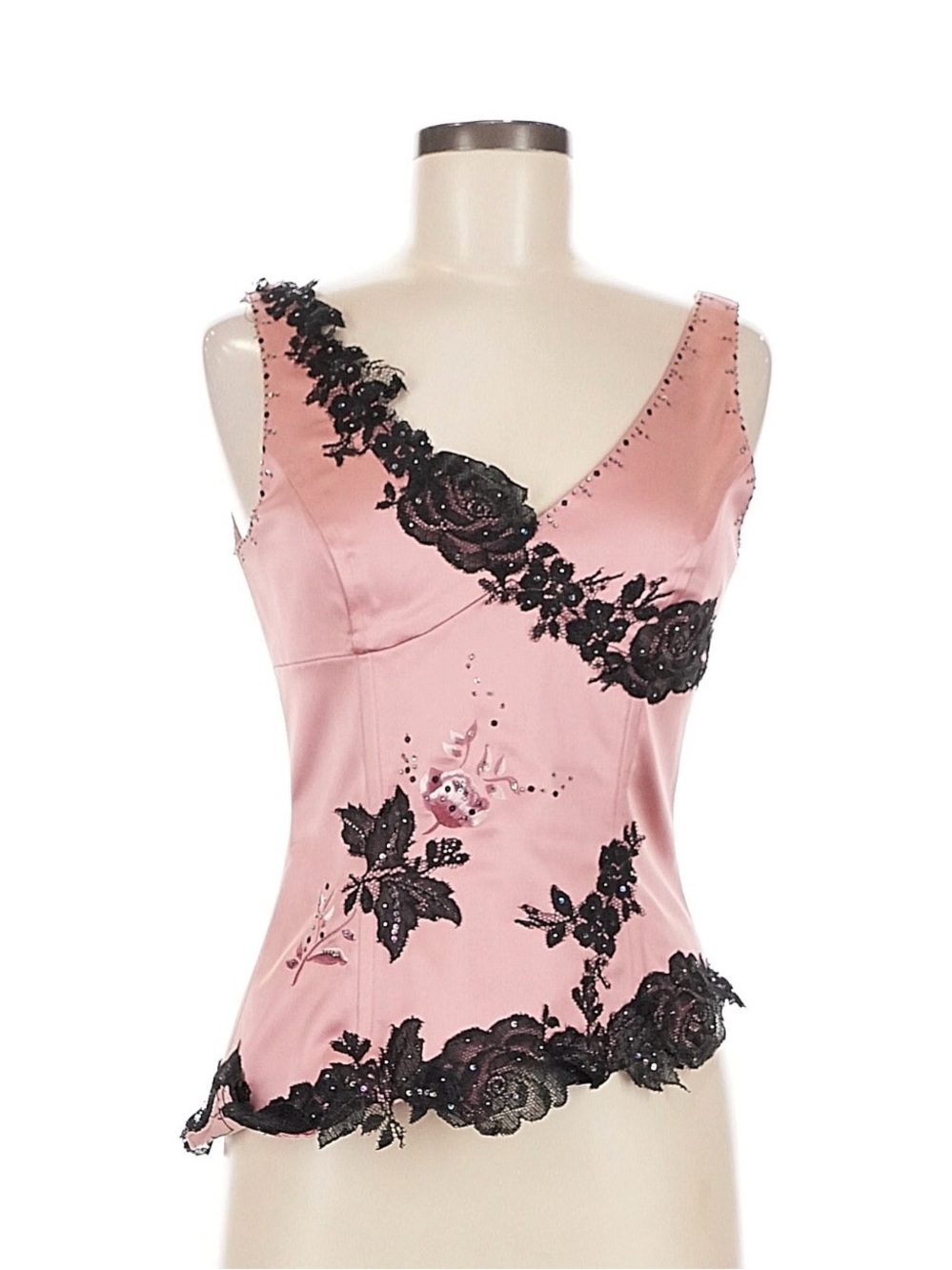 Adrianna Papell Pink Satin Top with Black Lace Appliqué